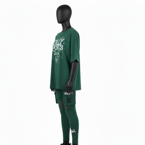 T-shirt femme en coton et élasthanne vert foncé et leggings en maille nylon et élasthanne 240 GSM avec logo personnalisé imprimé sur écran – Ensembles femme - Product Image 4