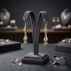 Classic Green Peridot Three Stone 925 <b>Silver</b> Drop <b>Earrings</b> Women's Everyday Wear Geometric Bezel Setting Jewelry - Product Image 4