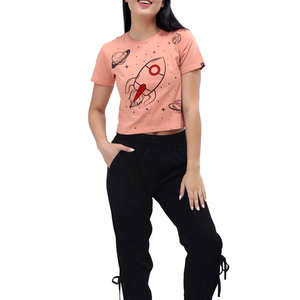 T-shirt court en coton respirant et écologique pour femme, motif Peach Rocket Space, séchage rapide, manches courtes, imprimé, décontracté, pour le printemps - Product Image 5