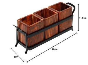Wooden Utensil Holder Compartments Kitchen Organizer with Metal Stand Dark Brown Cutlery Stand - Product Image 3