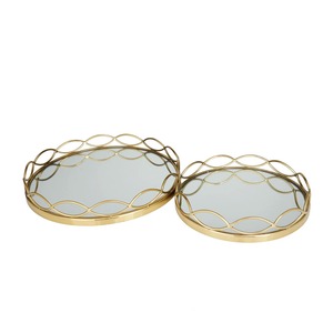 Oval <b>Mirrored</b> Storage <b>Tray</b> Set With Gold Metal Frame Modern Luxury Design For Table Top Organization - Product Image 1