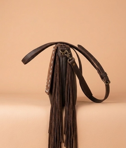 Bolso de Hombro de Cuero Genuino Estilo Bohemio para Mujer, con Flecos Bordados, Correa Única, para Viajes y Compras - Product Image 2