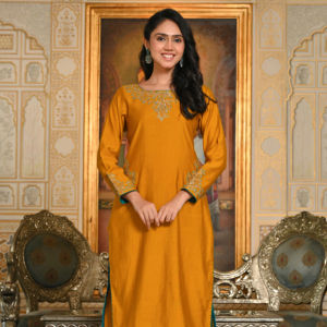 Ensemble Kurta pour femmes en soie brodée Dori Mustard Maharani pour les occasions spéciales, mariages, toutes saisons - Product Image 1