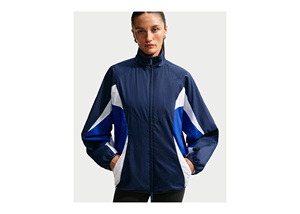 Blouson de motard en peau de mouton pour femme, bleu marine, à blocs de couleur, manches longues, col à capuche, fermeture éclair, coupe-vent, en polyester non tissé - Product Image 2