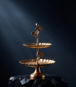 Modern Gold Metal 2 Tier Cake Stand Luxury Ginkgo Leaf Stem Dessert Display <b>Tray</b> Ball Finial Handle Cupcake Holder Party - Product Image 5