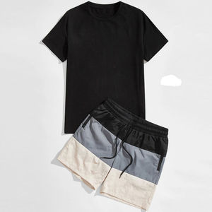 Ensemble de jogging d'été pour homme de qualité supérieure, deux pièces, décontracté, sweat-shirt patchwork à manches courtes et short - Product Image 3