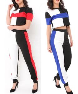 Pantalones Jogger de algodón 100% para mujer, Top corto, costilla de contraste, panel de tres tonos, trabajo, cuello redondo, ropa de calle, ropa activa, chándal - Product Image 2