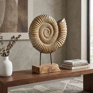 Gerry Lumintu Stand Handcrafted <b>Wooden</b> Ammonite Shell Sculpture <b>Rustic</b> Tabletop Decorative Artwork Metal Stand Home Decor Accent - Product Image 3