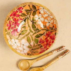 Bol à salade en bois fait main avec motif floral, sans BPA, écologique, artisanat, finition naturelle non enduite, pour les fêtes - Product Image 5