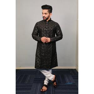 Kurta pour homme en soie douce fantaisie avec broderie et sequins, avec pyjama noir, tailles XXXLXXLXLML - Product Image 2