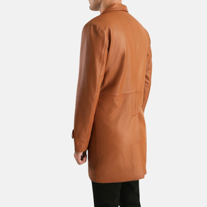 Manteau long en cuir véritable marron cognac pour homme, matelassé, à revers crantés, ouvert sur le devant - Product Image 3