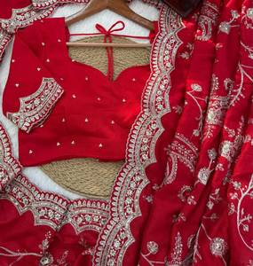 Indian Pakistani Ethnic Glooming Vichitra Fabric With Thread Sequence Work <b>Red</b> <b>Saree</b> Elegant Festive Wear Bridal Wedding Outfit - Product Image 5