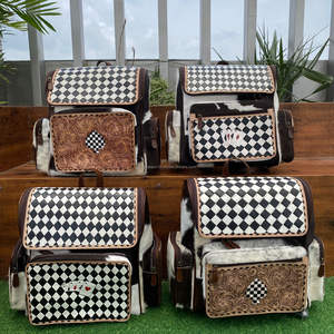 Customizable Checkered Backpack Zipper Hand <b>Tooled</b> <b>Leather</b> With Logo Print Cowhide Fashion Trends Carrying for Professional Use - Product Image 4