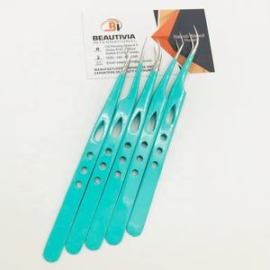 Pinzas de extensión de pestañas con logotipo personalizado, Punta puntiaguda profesional probada a mano, acero inoxidable con recubrimiento en polvo verde agua - Product Image 4