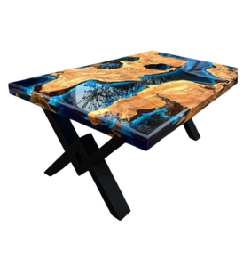 Luxury Custom Love Theme <b>Live</b> <b>Edge</b> River Dining <b>Table</b> Solid Wood Epoxy Resin Centerpiece Glossy Finish Industrial Metal Base - Product Image 4