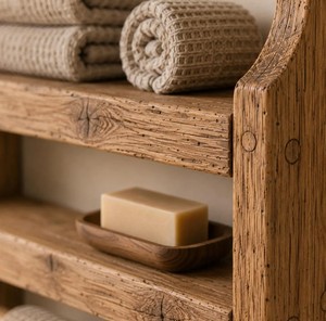 Étagère murale en bois pour salle de bain à 3 niveaux avec barre porte-serviettes, design scandinave, unité de rangement gain de place - Product Image 5