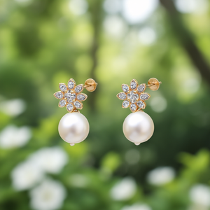 18K Gold Plated Stainless Steel Vintage Diamond and Pearl Stud Earrings - Product Image 3