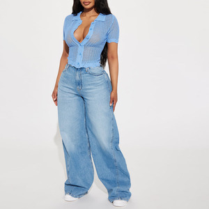 Elegant Women's Blue Knitted Button Up <b>Crop</b> Top <b>Short</b> <b>Sleeve</b> Sexy Club Wear Summer Breathable <b>Cardigan</b> Solid Color Flat Knit Top - Product Image 4