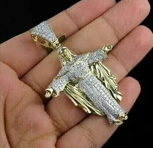 Colgante de Plata de Ley con Dije de Jesús y Moissanita Auténtica de 2 Quilates, Corte Redondo, Chapado en Oro Amarillo de 14k para Mujer - Product Image 5