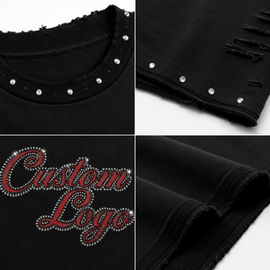 Camiseta Corta Unisex de Algodón 100% al por Mayor, Estampada con Serigrafía, Pedrería y Efecto Desgastado, Cuello Redondo, Estilo Urbano de Verano - Product Image 4
