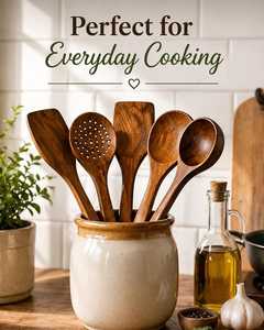 Juego de utensilios de madera de 1 pieza: espátulas, cuchara, cucharón ranurado, acabado natural, apto para lavavajillas y microondas, herramientas de cocina seguras para alimentos - Product Image 4