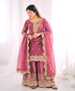 DESIGNER FENDY SILK EMBROIDERY SEQUENCE WORK <b>TOP</b> PALAZZO WITH DUPATTA FESTIVE WEAR WHOLESALE PRICE ETHNIC GARMENT BABY PINK - Product Image 6