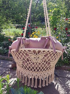 Chic Macrame <b>Hanging</b> Swing <b>Chair</b>: Ivory Shade, Butterfly Detail - Product Image 4