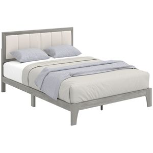 Letto a piattaforma grigio matrimoniale con telaio in legno e doghe, facile da montare, non richiede rete a molle, con testiera - Product Image 1