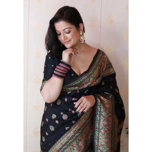 Shivani's Jade Black Pashmina Kashmiri Silk Saree with Zari Woven and <b>Ethnic</b> <b>Scarves</b> & <b>Shawls</b> - Product Image 6