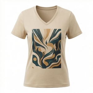 T-shirt pour femme à manches courtes et col en V, coton biologique de luxe, pré-rétréci, qualité supérieure, coupe décontractée, couleur personnalisable - Product Image 1