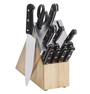 Couteaux de cuisine à manche riveté noir avec lames argentées, bloc marron clair, dessus à fentes argentées et ciseaux pour la préparation des aliments - Product Image 2