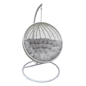 White Wicker <b>Hanging</b> Egg <b>Chair</b> with Gray Cushion and Stand for Outdoor Patio Swings - Product Image 4