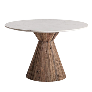 Sculptural Solid <b>Reclaimed</b> <b>Wood</b> Base With White Marble Round <b>Top</b> Marble & Wooden Dining <b>Table</b> For Home Office Kitchen Restaurant - Product Image 4