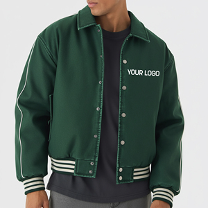 Veste varsity pour homme en laine/polyester verte avec logo blanc, fermeture à boutons sur le devant, vêtement décontracté d'automne, doublure en laine, coupe-vent - Product Image 1