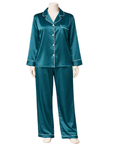 Ensemble de pyjama pour femme en satin bleu foncé personnalisé, manches longues, boutonné, style soie, vêtements de nuit, ensemble confortable en deux pièces - Product Image 1