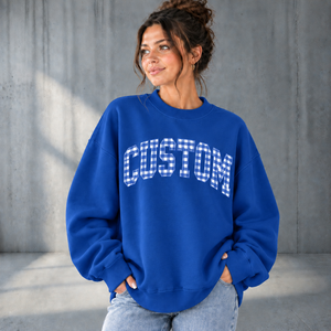 Sweat-shirt à col rond pour femme, motif à carreaux gingham, imprimé lettres, 100% coton mélangé, manches longues, épaules tombantes, col montant, best-seller - Product Image 4