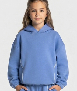 Conjunto Deportivo Extra Grande para Niñas en Azul Azure con Contraste Personalizado, Sudadera con Capucha de Felpa de Algodón y Pantalones Deportivos de Pierna Ancha, OEM y ODM - Product Image 3