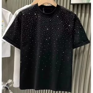 New Luxury Custom Rhinestone Tshirts <b>Black</b> 100% Cotton Men's T-shirts Round Neck Summer Streetwear Bling Crystal Tee OEM Design - Product Image 2
