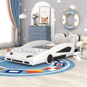 White Twin Size Race Car Shaped Platform Bed with Wheels for Kids' Rooms - Product Image 3