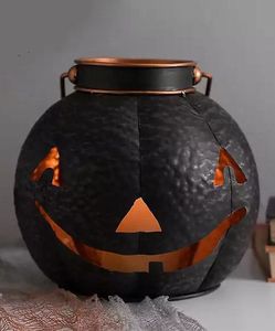 <b>Black</b> Metal Pumpkin Lantern Round Vintage Style Handicraft Decor with Handle - Product Image 1