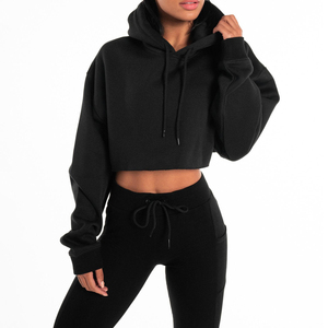 Women's Cropped Sweatshirt Long Sleeve Canvas Solid <b>Black</b> Casual Pullover Drawstrings <b>Pockets</b> 100% Cotton Quick Dry Breathable - Product Image 1