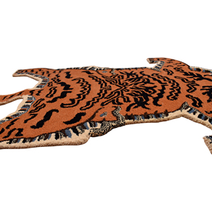 Tapis traditionnel himalayen tibétain en laine tuftée à la main, motif peau de tigre, motif animal exotique, accent orange - Product Image 4