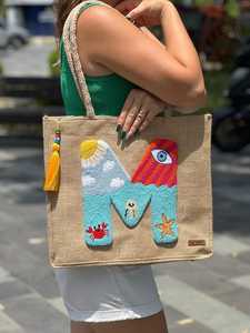 Bolso de mano de lona de algodón personalizable con parche de flor de chenilla, reutilizable, para compras, playa, para mujer - Product Image 3