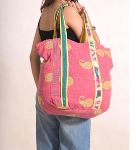 Vintage Cotton Kantha Boho Tote Bag Handstitched Reusable Shopping Bag with Printed Design Jaif Textiles JF-024 From Rajasthan - Product Image 3