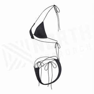 Women Black Halter <b>Bikini</b> <b>Set</b> With Tie Side Bottoms And Drawstring Detail Regular Fit Solid Color Swimwear - Product Image 3