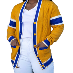 Cardigan en tricot brodé pour femme SGRho – Pull universitaire grec personnalisé OEM, col en V, mélange de coton, style universitaire, tricot d'hiver - Product Image 1