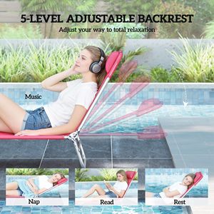 Portable Pink Folding Chaise Lounge Chair with Adjustable <b>Backrest</b> and Pillow for Poolside Patio Beach Use - Product Image 4