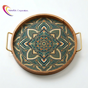 Bandeja Redonda de Madera de Mango de Lujo, con Asa Dorada, Diseño Geométrico, para Servir, Decoración Mandala, Regalos Artesanales para Bodas - Product Image 3