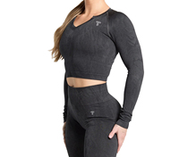 Conjunto Deportivo Ecológico y Transpirable para Mujer, Top Corto de Manga Larga con Cuello Redondo y Orificios para Pulgares, Corte Regular, Spandex/Poliéster de Secado Rápido