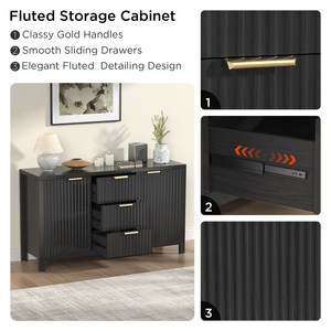Credenza Nera Concava a Strisce con 2 Ante e 3 Cassetti, Mobile Moderno per Soggiorno - Product Image 3